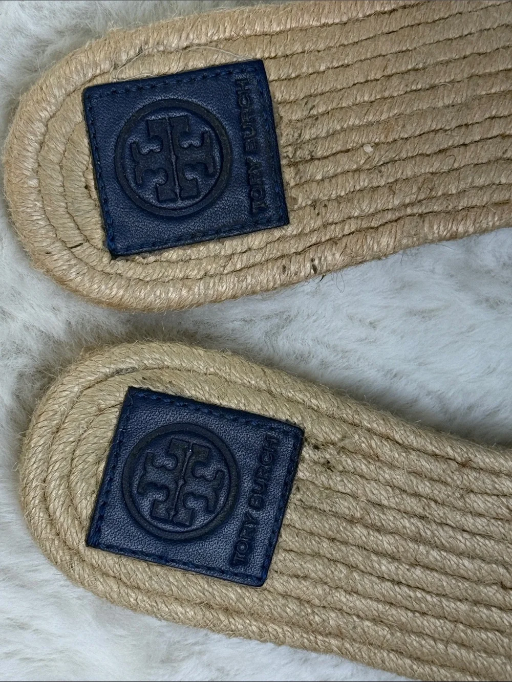 Tory Burch Benton Kid Suede Open Toe Espadrille Slide Navy 7.5 Embossed Logo